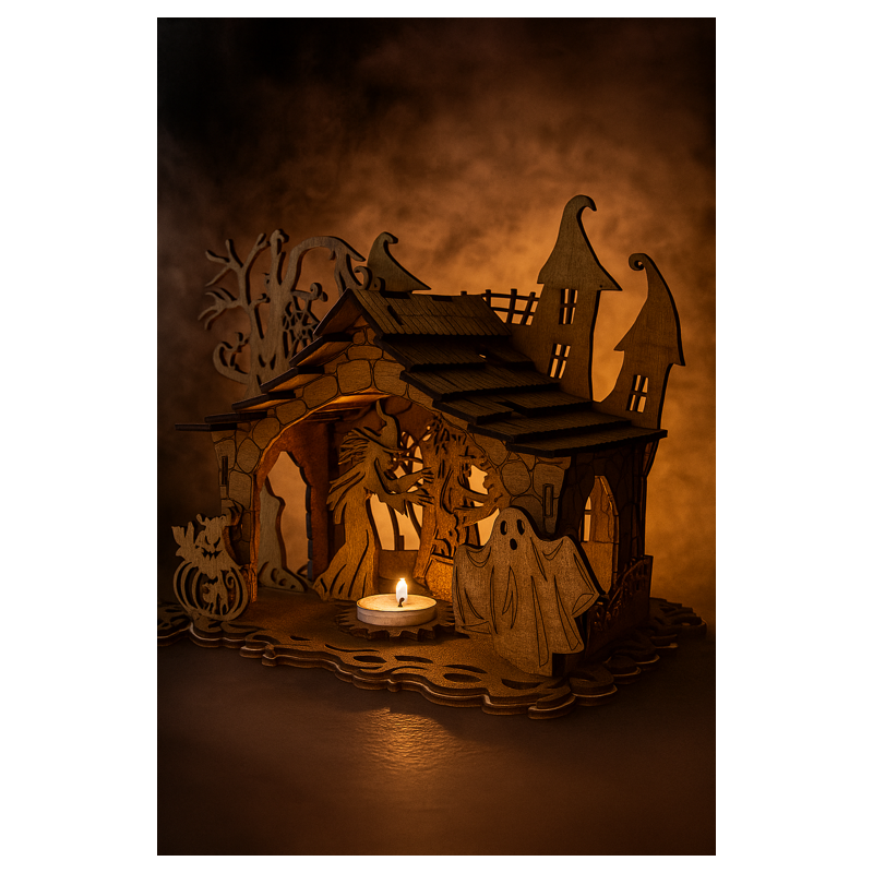 Mystisches Hexenhaus – Holz-Teelichthalter mit Halloween-Szene Mystisches Hexenhaus – Holz-Teelichthalter mit Halloween-Szene