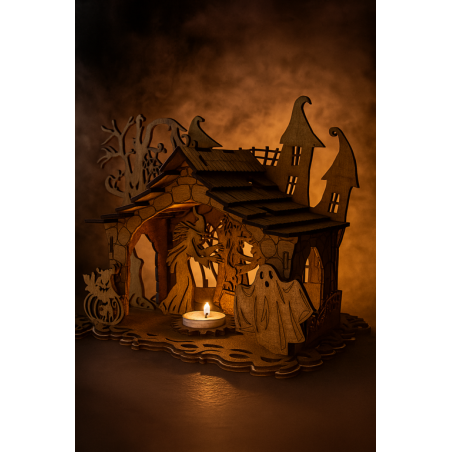 Mystisches Hexenhaus – Holz-Teelichthalter mit Halloween-Szene
