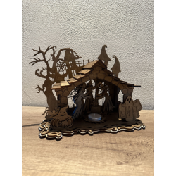 Mystisches Hexenhaus – Holz-Teelichthalter mit Halloween-Szene