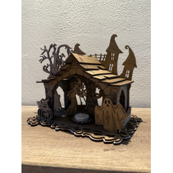 Mystisches Hexenhaus – Holz-Teelichthalter mit Halloween-Szene
