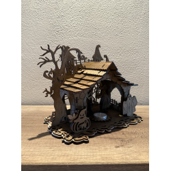 Mystisches Hexenhaus – Holz-Teelichthalter mit Halloween-Szene