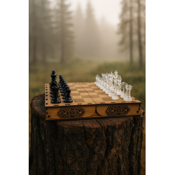 Schachbrettbox aus Holz mit farbigen Acrylspielfiguren – personalisier