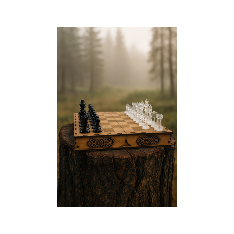 Schachbrettbox aus Holz mit farbigen Acrylspielfiguren – personalisier Schachbrettbox aus Holz mit farbigen Acrylspielfiguren – personalisier