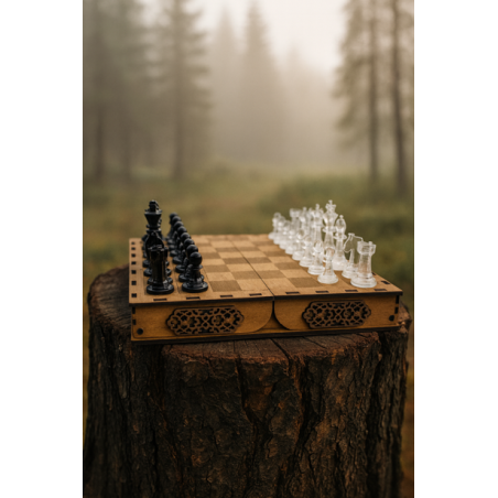 Schachbrettbox aus Holz mit farbigen Acrylspielfiguren – personalisier